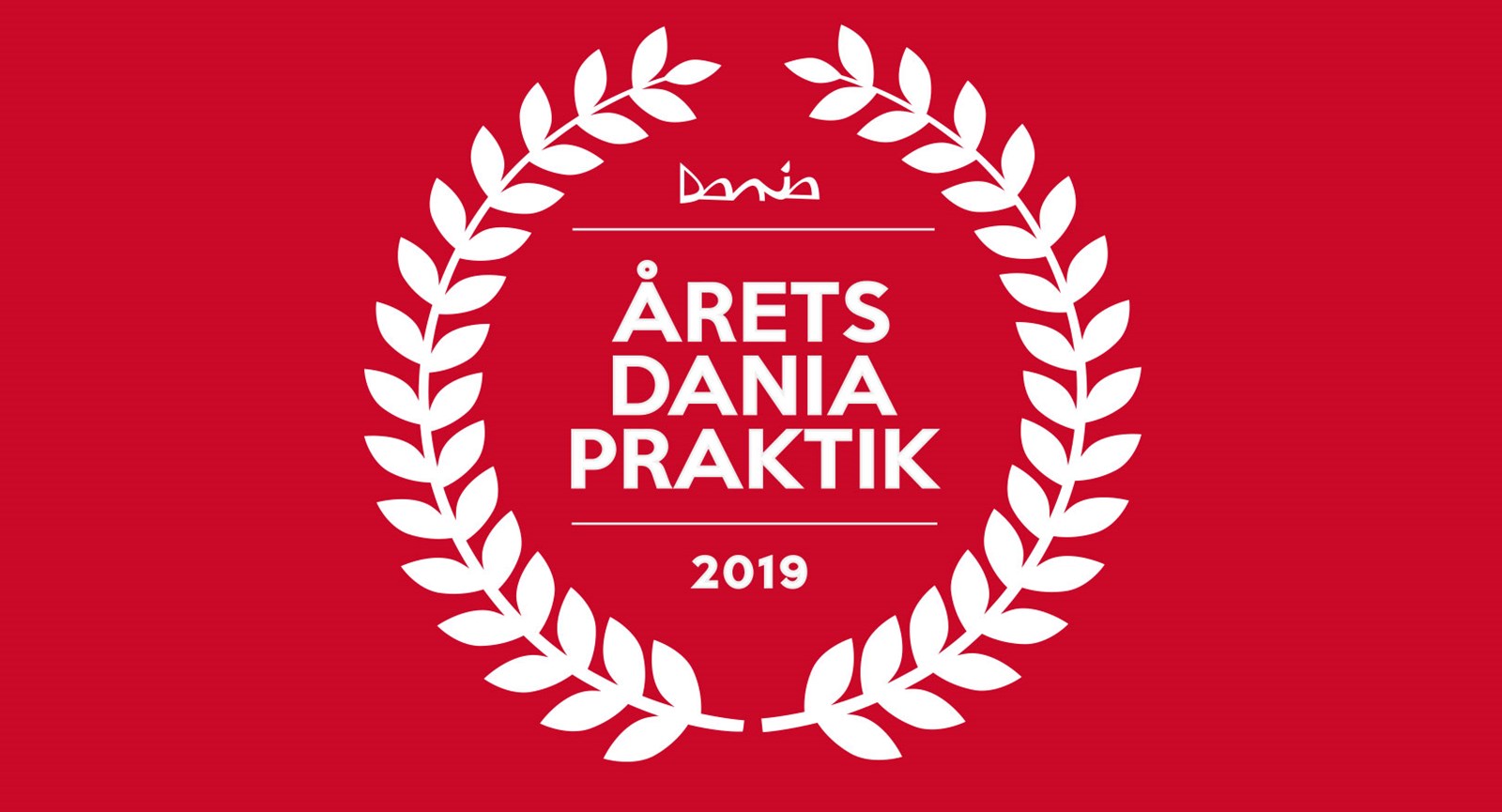 Logo for praktikkonkurrencen med en bladkrans om teksten Dania Årets Dania Praktik 2019