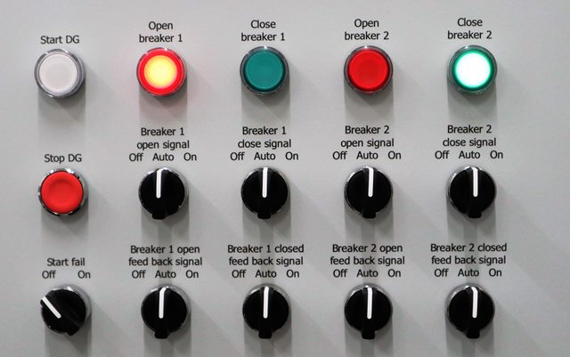 15 knapper, hvor nogle er røde, grønne, sorte med en hvid streg og to tændte. Alle med tekst over sig