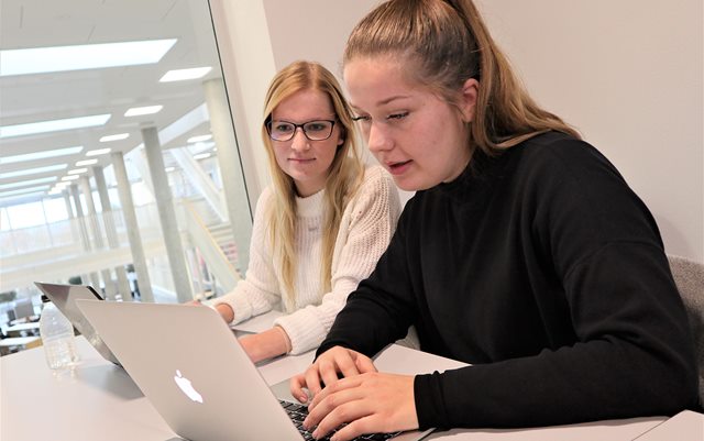 Malene Haun til venstre kigger på Elizabeth Birkeslunds computer sammen med hende