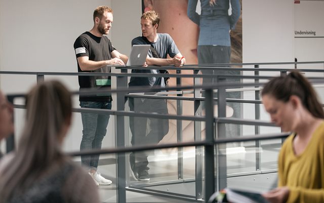 To mandlige studerende læner sig op ad et gelænder, mens de samtaler henover en bærbar computer.