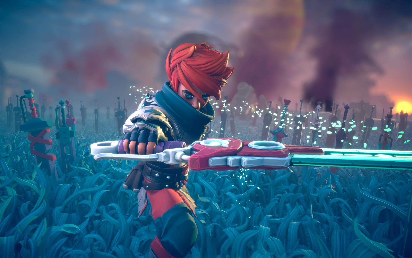 En computeranimation af en rødhåret kriger, der holder et futuristisk sværd op vandret foran sig.