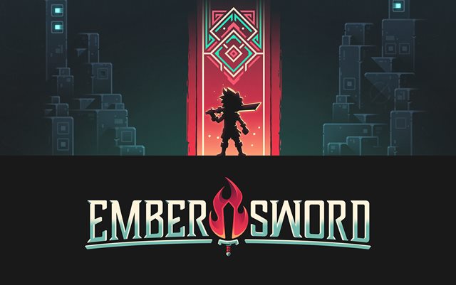 Et coverbillede til et computerspil. I midten ses en silhuet af en kriger med et sværd over den ene skulder. Nederst står titlen Ember Sword med et flammende sværd i midten.