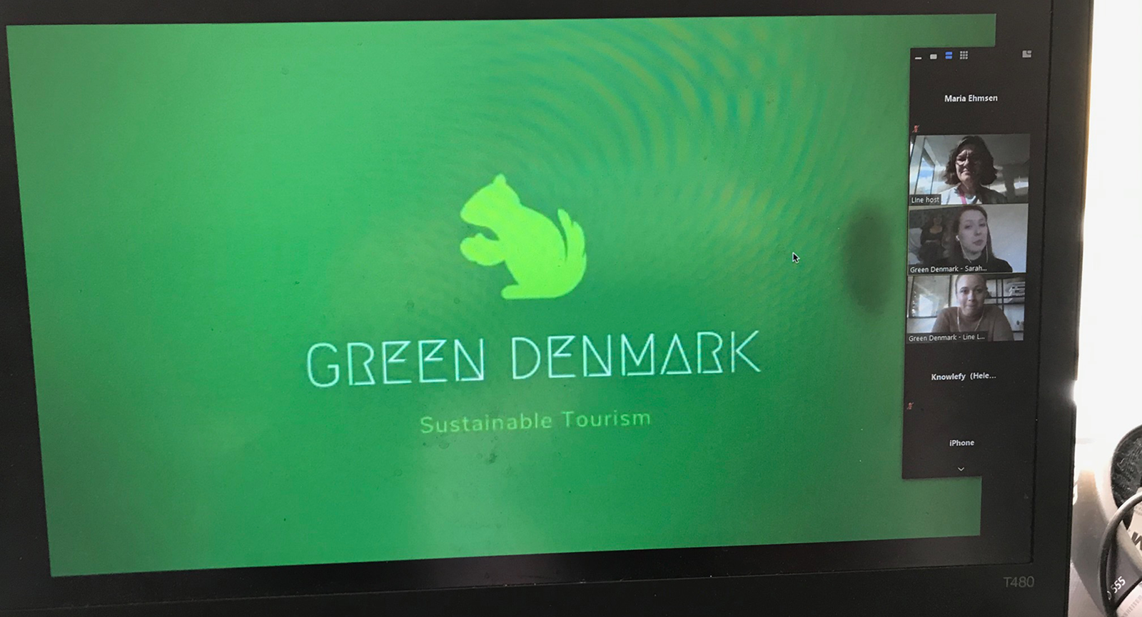 Nærbillede af en computerskærm med grøn baggrundsfarve og et motiv af et lysegrønt egern og påskriften 'Green Denmark'.