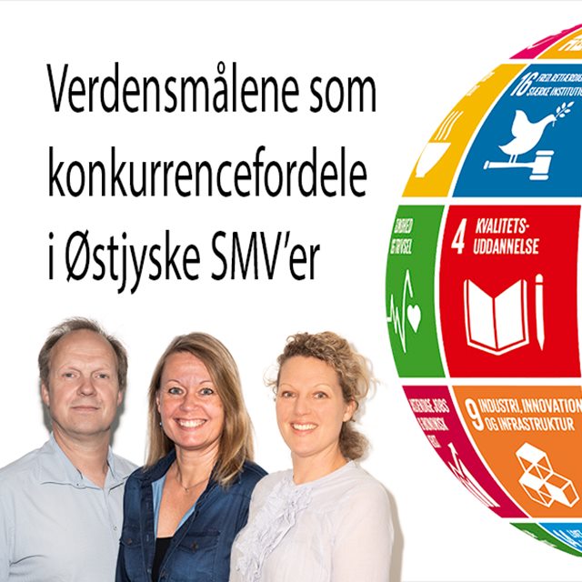 Grafik af tre undervisere under teksten 'Verdensmålene som konkurrencefordele for østjyske SMV'er' ved siden af en flerfarvet globus med udsnit af FN's 17 verdensmål.