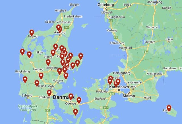 Danmarkskort med 39 forskellige punkter, hvor de studerende kommer fra til uddannelserne i Grenaa