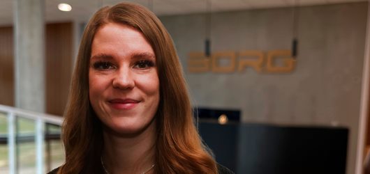 Julie, der har læst på erhvervsakademi Dania, står foran Borg logo og kigger på dig